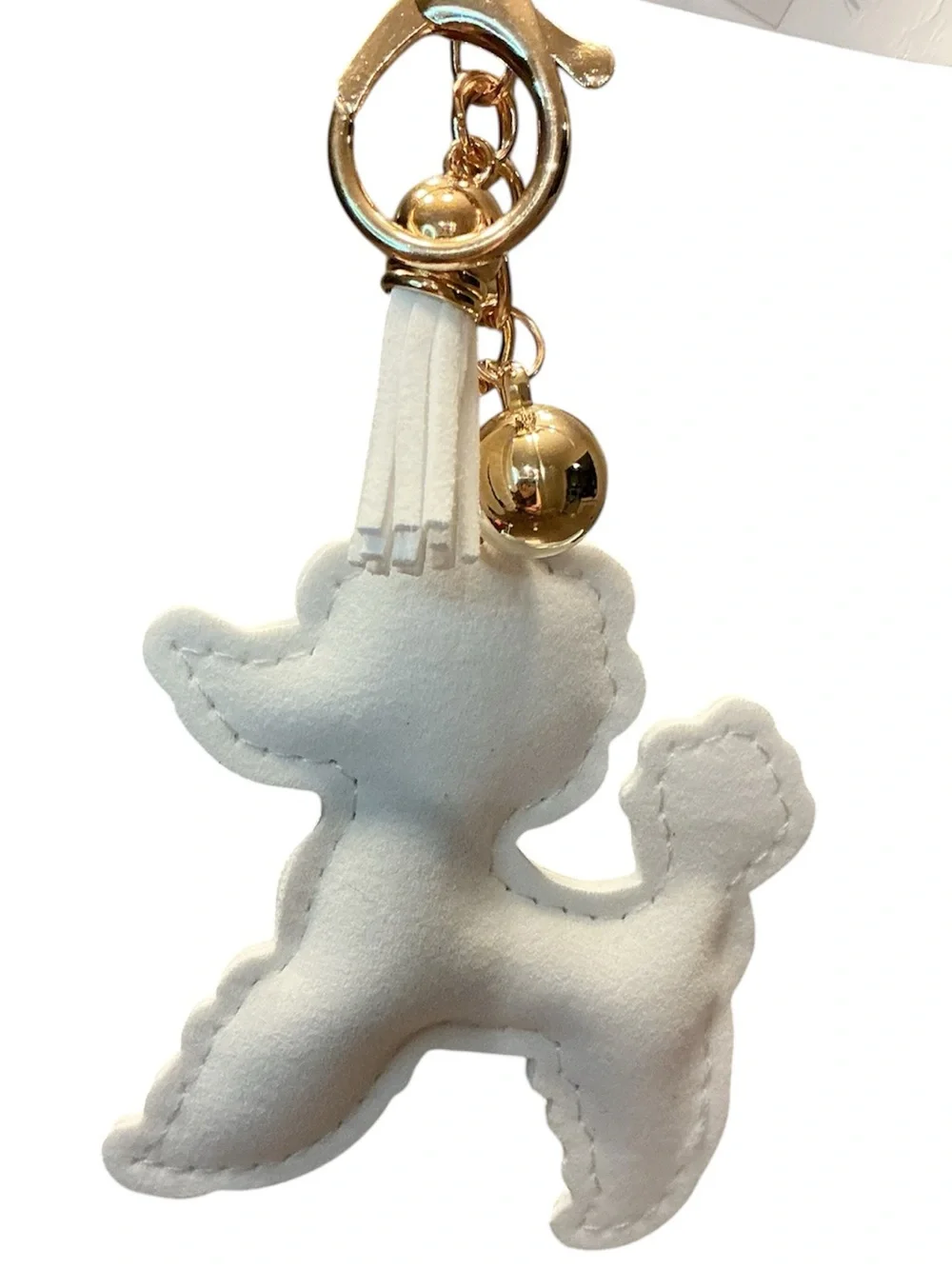 Puffy Rhinestone Poodle Dog Keychain Bag Charm - Gold Hardware, White/Silver NWT